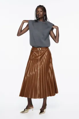 ZARA Leather Pleated Midi Skirt