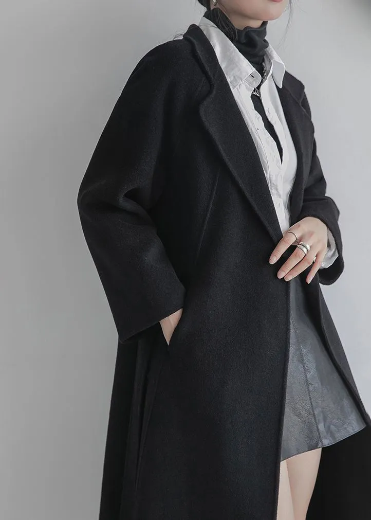 Zelene Black Wrap Belted Wool Blend Long Coat