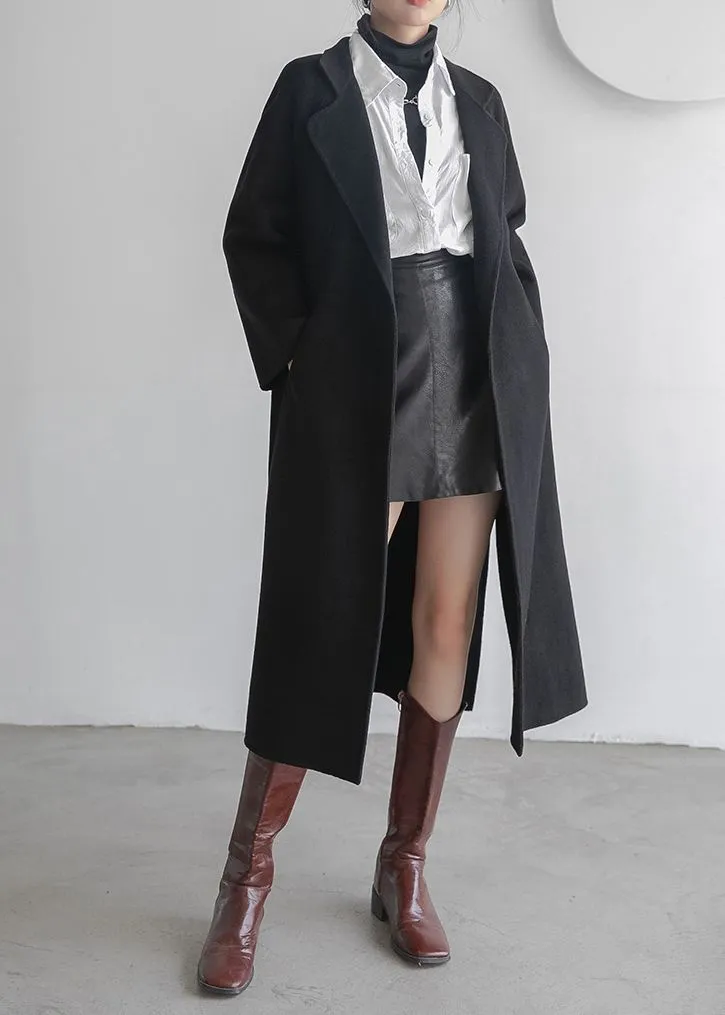 Zelene Black Wrap Belted Wool Blend Long Coat